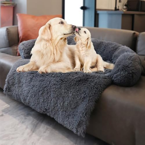 Calming Dogs/Cats Bed Mats, Dog Pad Washable Removable Couch Cover, Plush Long Fur Mat for Pets, Waterproof, Perfect for Small, Medium and Large Dogs and Cats(Navy Blue, 41"x37"x 6.0")