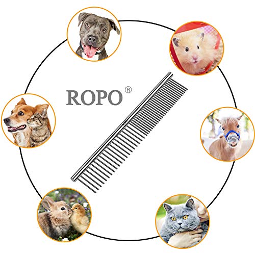 ROPO Dog Comb for Removing Matted Fur - Pet Dematting Comb with Rounded Teeth and Non-Slip Grip Handle - Prevents Knots and Mats for Long and Short Haired Pets (Round handle, Bright Silver)