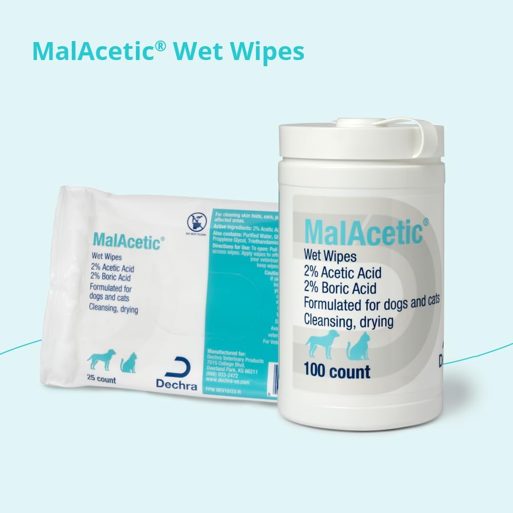 MalAcetic® Wet Wipes for Dogs and Cats, 25 Wipes | Cleansing, Drying; 2% Boric Acid; 2% Acetic Acid; Packaging May Vary