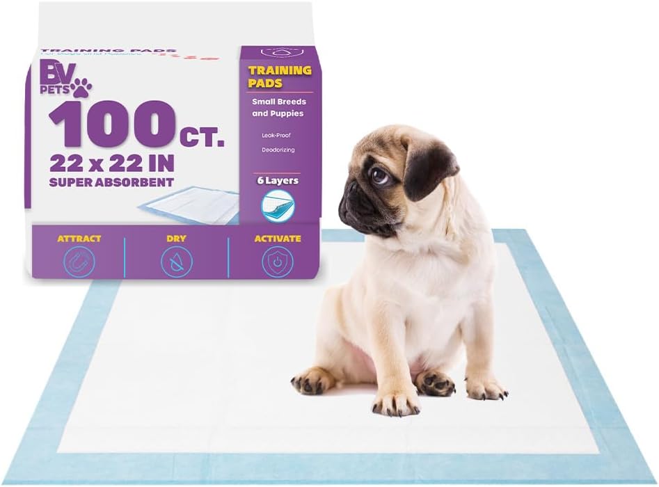 BV Puppy Pads Leak-Proof 100 Count 22"x 22" - Absorbent Pee Pads for Dogs with 6-Layer Design, Rapid Dry Sheet & Built-in Attractant - Dog Pad with Odor Control, Perfect for Puppies & Senior Dogs