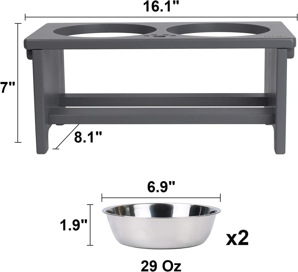 HTB Elevated Dog Bowl Stand with 2 Stainless Steel Bowls-7" H Medium Grey | Raised Dog Bowl Stand, 7"tall, 29 Oz Bowls, for Medium Sized Dogs, Pet-safe, Solid Bamboo