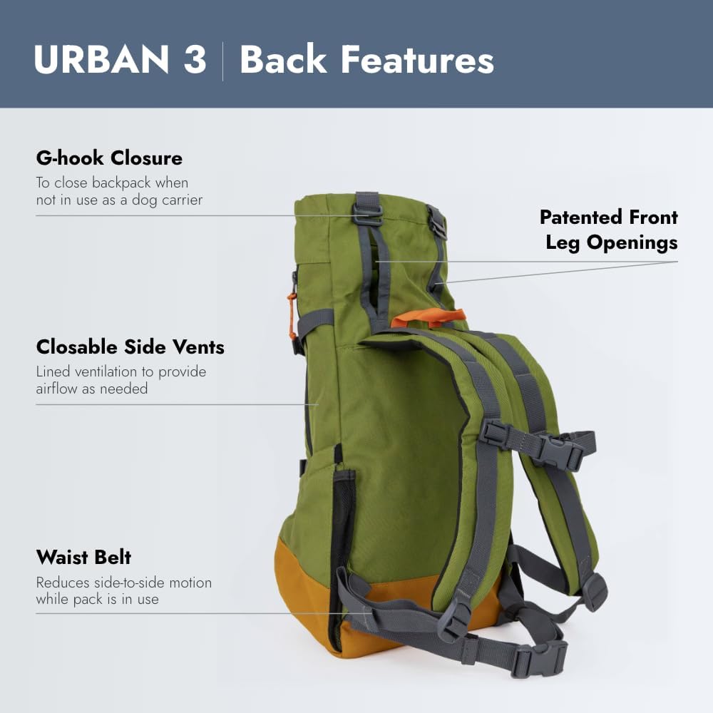 K9 Sport Sack Urban 3 - Medium, Leafy - Ideal for Dogs with 17-19” Back Length - Dual-Use, Backpack-Style Carrier + Everyday Pack