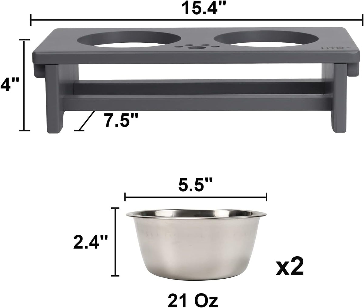 HTB Elevated Dog Bowl Stand with 2 Stainless Steel Bowls-4" H Small Grey | Raised Dog Bowl Stand, 4"tall, 21 Oz Bowls, for Small Sized Dogs, Pet-safe, Solid Bamboo