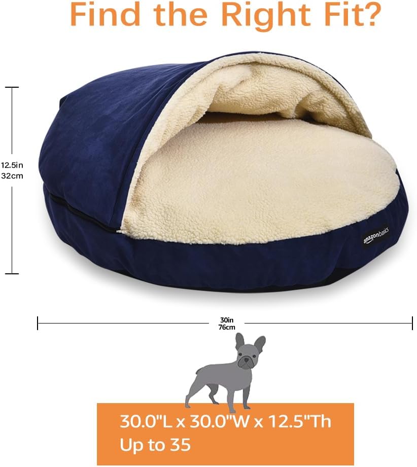 AmazonBasics Anti-Anxiety Calming Burrow Pet Cave Bed for Small and Medium Dogs, with Removable Nesting Cave Cover, Fits up to 35lbs Pets, 30 x 30 x 12.5 inches, Blue
