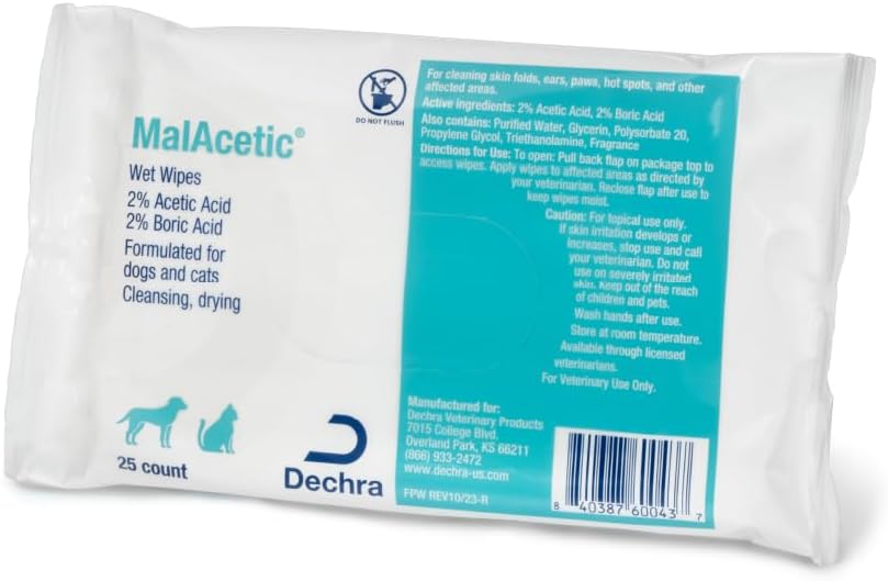 MalAcetic® Wet Wipes for Dogs and Cats, 25 Wipes | Cleansing, Drying; 2% Boric Acid; 2% Acetic Acid; Packaging May Vary