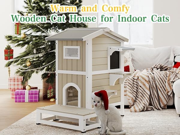 GoWoodHut Outdoor Cat House Weatherproof Cats Shelter for Feral Kitten Pet Houses for 1-2 Small Animlas 2 Story Wooden Houses for Indoor Outdoor Cats with Escape Doors (29.7" D x 22.8" W x 35.4" H)