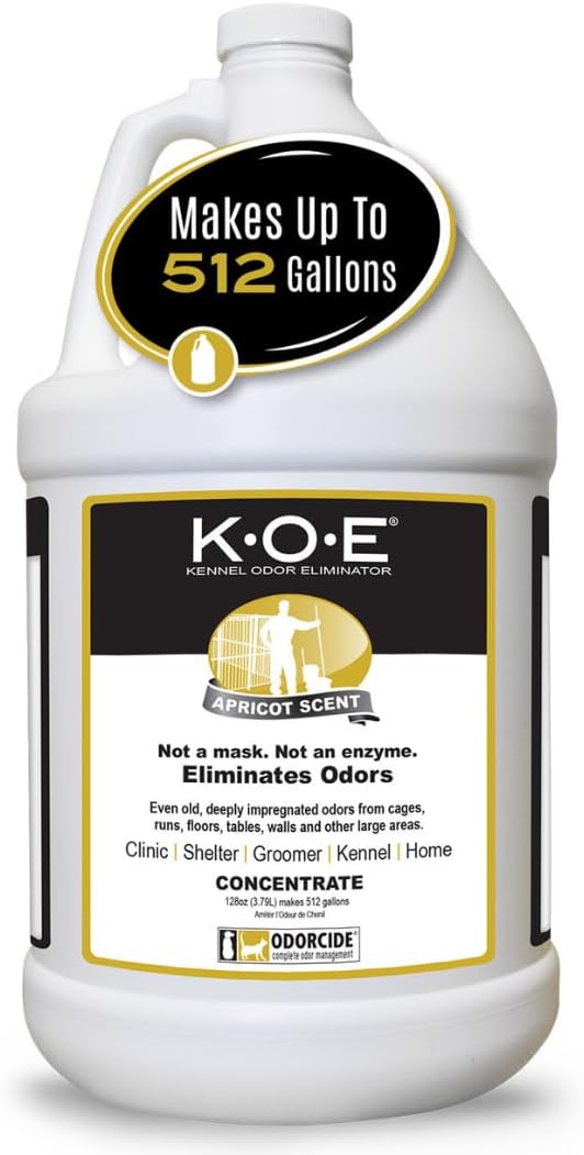 Odorcide K.O.E. Apricot Odor Eliminator Concentrate for Strong Odor for Cages, Runs & More – Home & Kennel w/Safe, Non-Enzymatic Formula - 128 oz