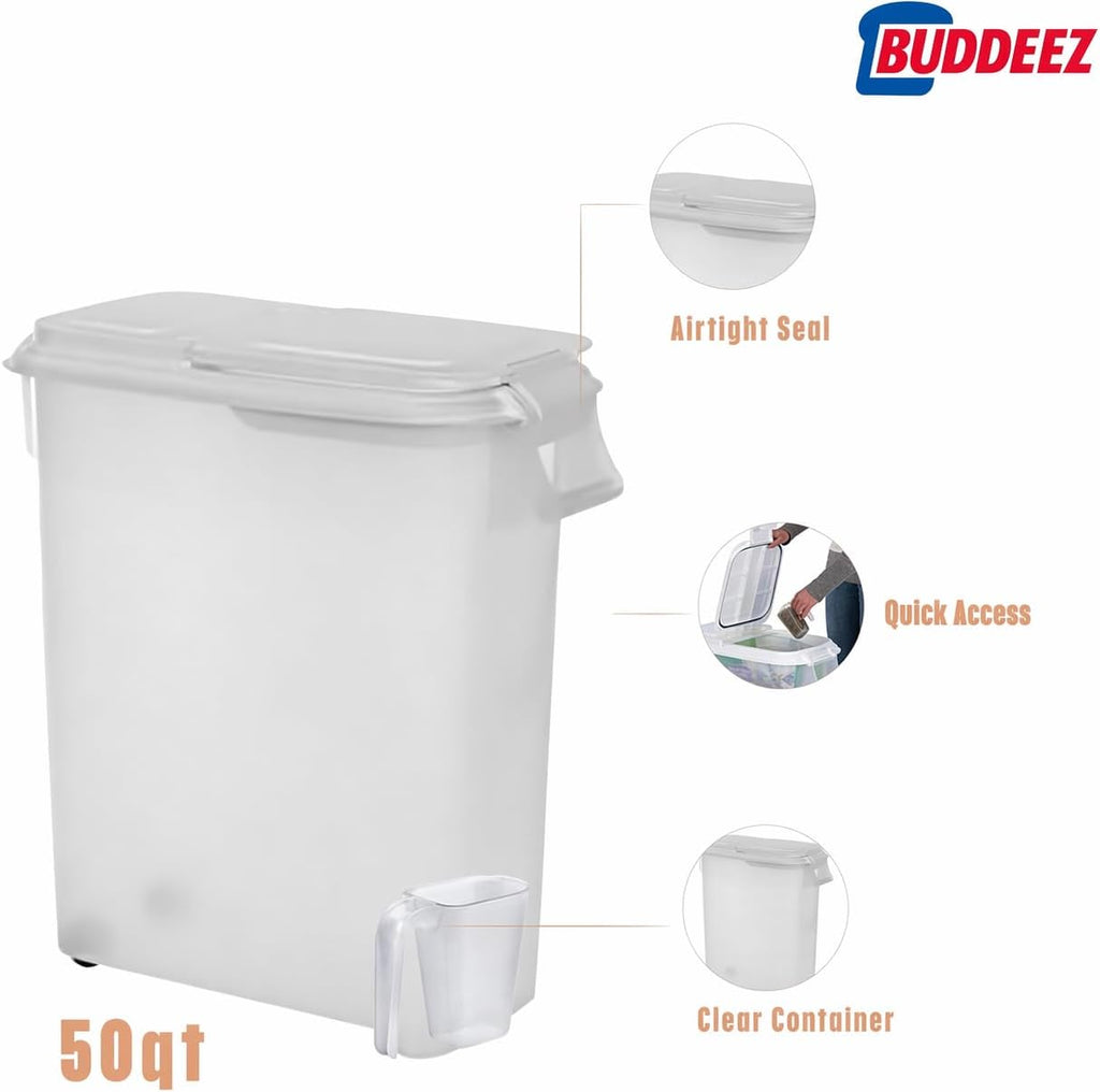 Buddeez Airtight Rolling Pet Food Storage Container, 50 Quart, with Scoop