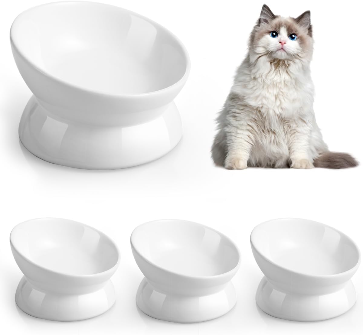 LoeJan Elevated Cat Food Bowl, 5 Oz Ceramic Raised and Tilted Water Bowl, Anti Vomiting and Protect Pets' Spines Dishes for Small Dog, Fat Faced Cat, Kitten (White, 4 Pack)