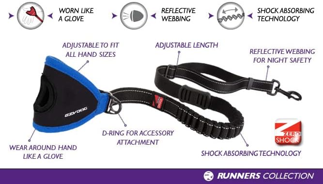EzyDog Handy 48 Bungee Dog Leash, 48" Hand Free Glove Running Leash - Black