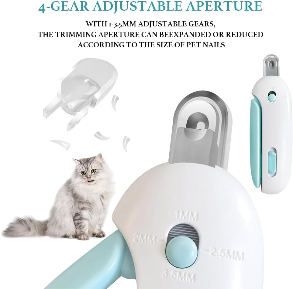 Cat Nail Clipper, Cat Nail Trimmer with Adjustable 3-Size Trimming Hole & Hidden Nail File, Anti-Splash Claw Cutter with Debris Catcher for Kittens, Adjustable Aperture Pet Blue Nail Clippers