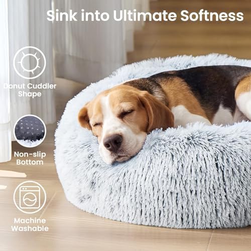 JOLLYVOGUE Small Dog Bed, Calming Dog Beds for Small Dogs & Indoor Cats - 20 Inches Donut Washable Cat Bed for Kittens & Puppies, Round Fluffy Plush Faux Fur Pet Beds(Smoke Grey) (Pack of 2)
