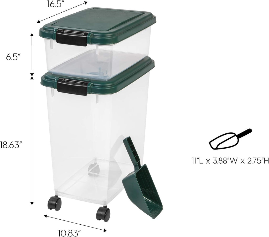 IRIS USA Airtight Pet Food Container, Up to 30 lbs & 11 lbs, Green | Airtight Seal, BPA-Free, 2-Cup Scoop, Stackable Design, Rolling Wheels, Dual Storage 