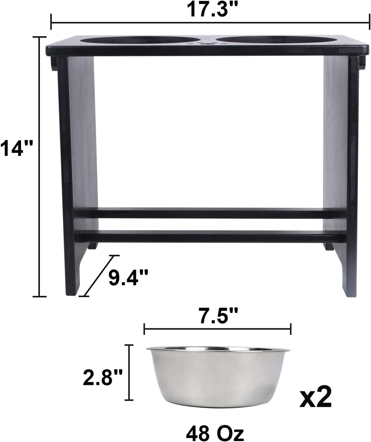 HTB Elevated Dog Bowl Stand with 2 Stainless Steel Bowls-14 H X-Large Black | Raised Dog Bowl Stand, 14"tall, 48 Oz Bowls, for Large Sized Dogs, Pet-safe, Solid Bamboo