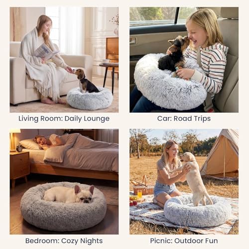 JOLLYVOGUE Small Dog Bed, Calming Dog Beds for Small Dogs & Indoor Cats - 20 Inches Donut Washable Cat Bed for Kittens & Puppies, Round Fluffy Plush Faux Fur Pet Beds(Smoke Grey) (Pack of 2)