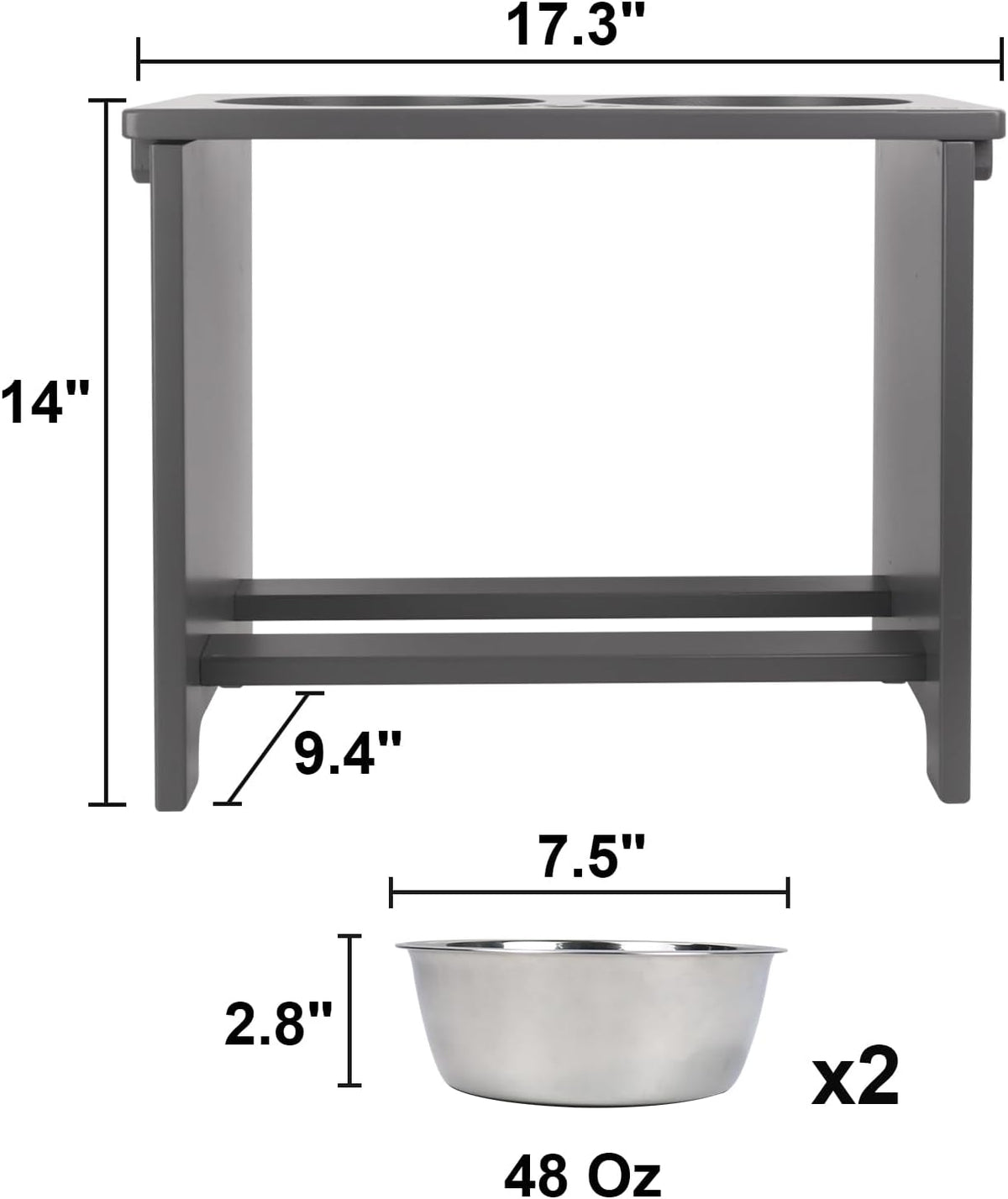HTB Elevated Dog Bowl Stand with 2 Stainless Steel Bowls-14 H X-Large Grey | Raised Dog Bowl Stand, 14"tall, 48 Oz Bowls, for Large Sized Dogs, Pet-safe, Solid Bamboo