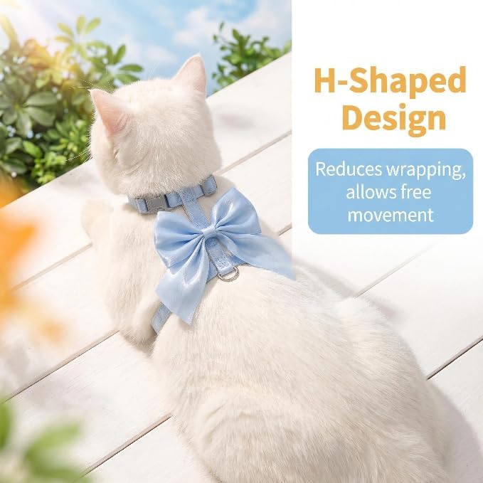 Cute Leash and Bow H-Shaped Design Harness for Small Cats Dogs, Proof Soft Adjustable Vest Easy Control Breathable Harnesses for Small Cats Dogs (Blue M 8-15LBS)