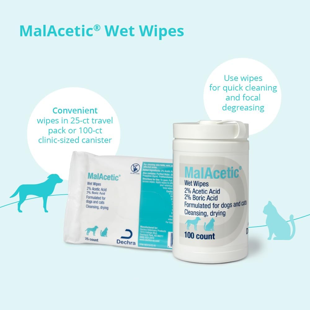 MalAcetic® Wet Wipes for Dogs and Cats, 25 Wipes | Cleansing, Drying; 2% Boric Acid; 2% Acetic Acid; Packaging May Vary