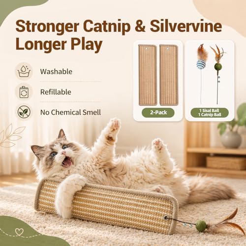(2-Pack) Catnip Kicker Toys for Indoor Cats, Refillable with Silvervine Blend Refills, Each Toy Includes Sisal Ball & Catnip Ball, Durable Chew Toy for Aggressive Cats