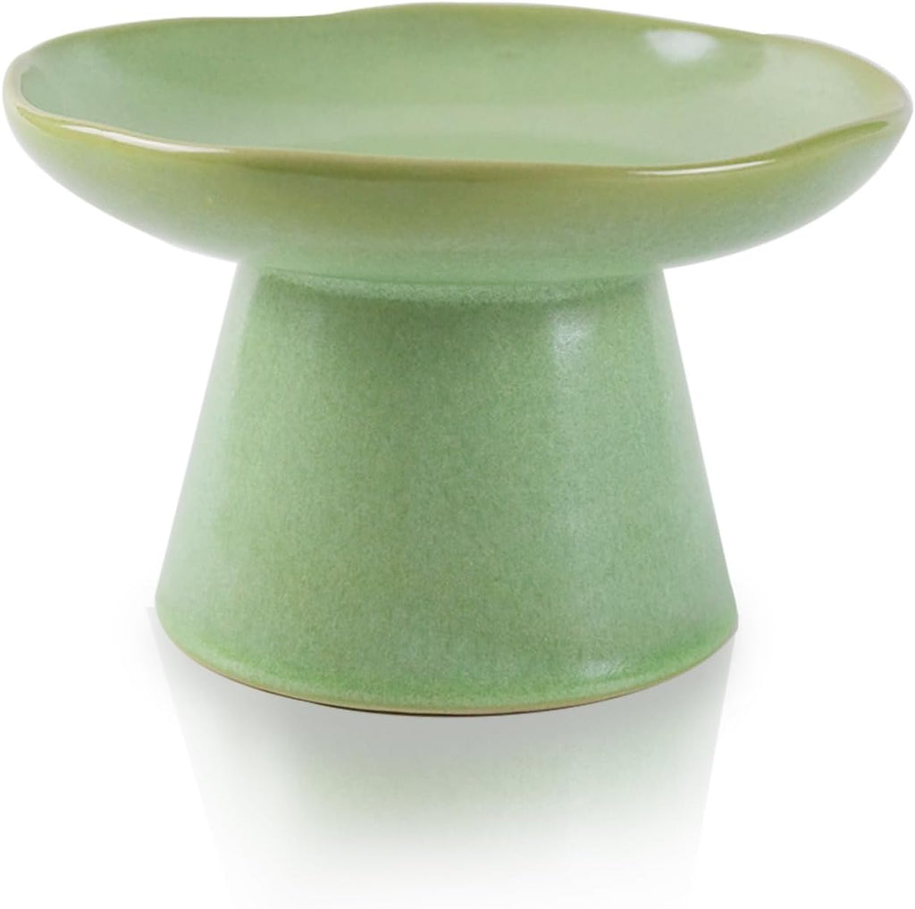 Wide Shallow 6.1" Raised Cat Bowls, Ceramic Elevated Food Bowl for Flat Faced Cats and Small Dogs, Porcelain Feeder Bowl, Stress Free, Protect Cat’s Spine, Green