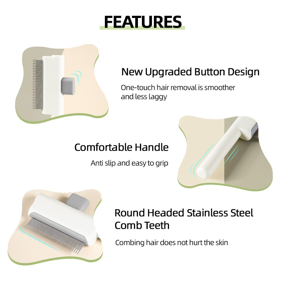 Marchul 2 Pack Self-Cleaning Pet Grooming Comb Set, Cat & Dog Flea Brush with One-Click Release Button, Stainless Steel Round Teeth Comb for Removing Tangles, Loose Fur and Shed Hair, White
