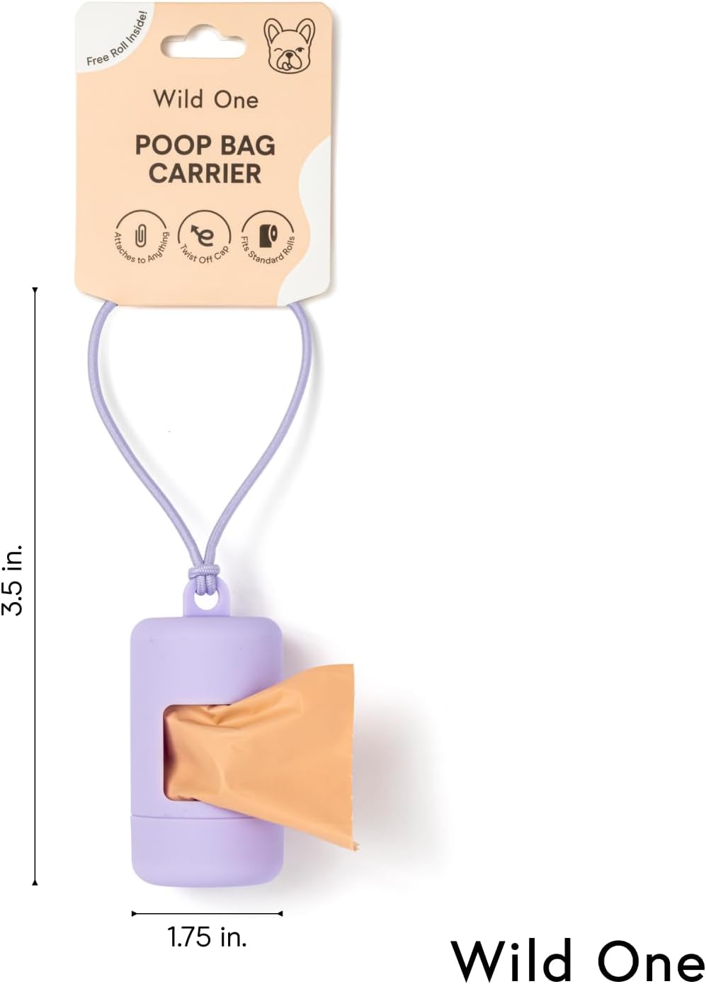 Wild One Dog Poop Bag Holder and Dispenser with Leash Attachment, Leak Proof, Easy Twist Top for Refills, Includes 1 Roll Bags, Lilac