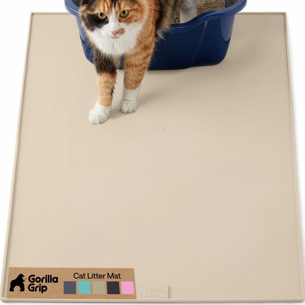 GORILLA GRIP Cat Litter Mat, Easy Clean Silicone Mats, 35x23 Beige