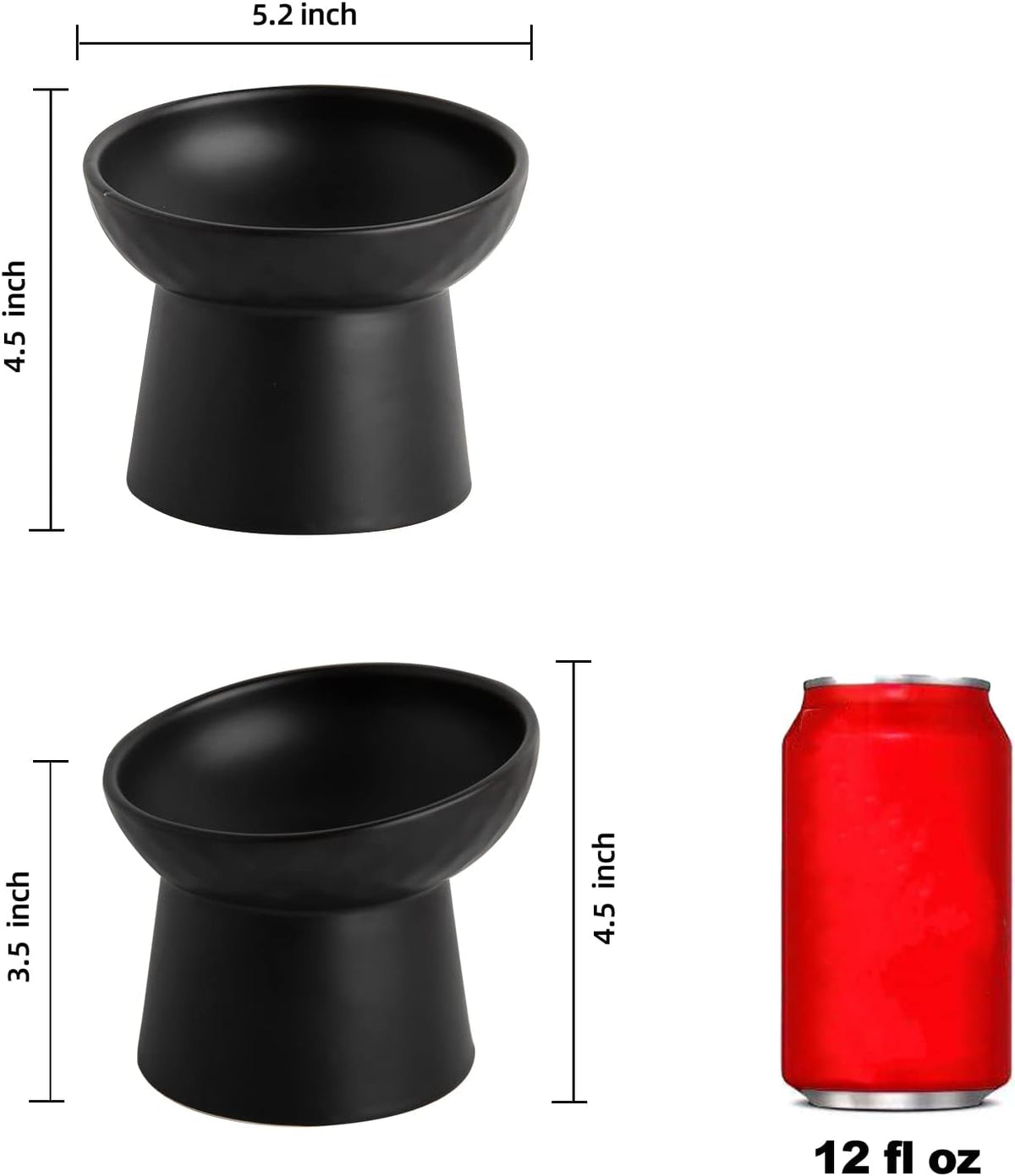 Elevated Cat Bowls, 15° Tilted Ceramic Raised Cat Food and Water Bowl Set, Whisker-Friendly Porcelain Pet Feeder Dishes for Indoor Cats and Small Dogs,Black,5.2 Inch,1 Pack 