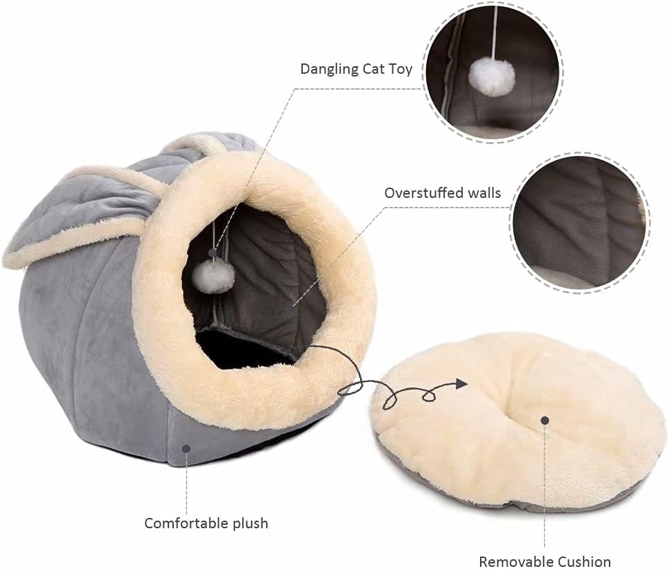 Cat Beds for Indoor Cats-Rabbit-Shaped Cat Cave Bed with Hanging Toy,Grey M