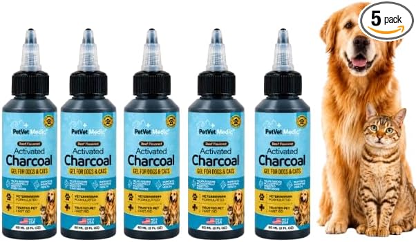 Activated Charcoal for Dogs, Cats & Puppies – Emergency Pet First Aid Gel for Accidental Ingestion, Beef-Flavored Digestive Paste, Veterinarian-Developed, Made in USA, 60 mL (Pack of 5)