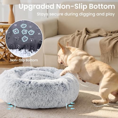 JOLLYVOGUE Small Dog Bed, Calming Dog Beds for Small Dogs & Indoor Cats - 20 Inches Donut Washable Cat Bed for Kittens & Puppies, Round Fluffy Plush Faux Fur Pet Beds(Smoke Grey) (Pack of 2)