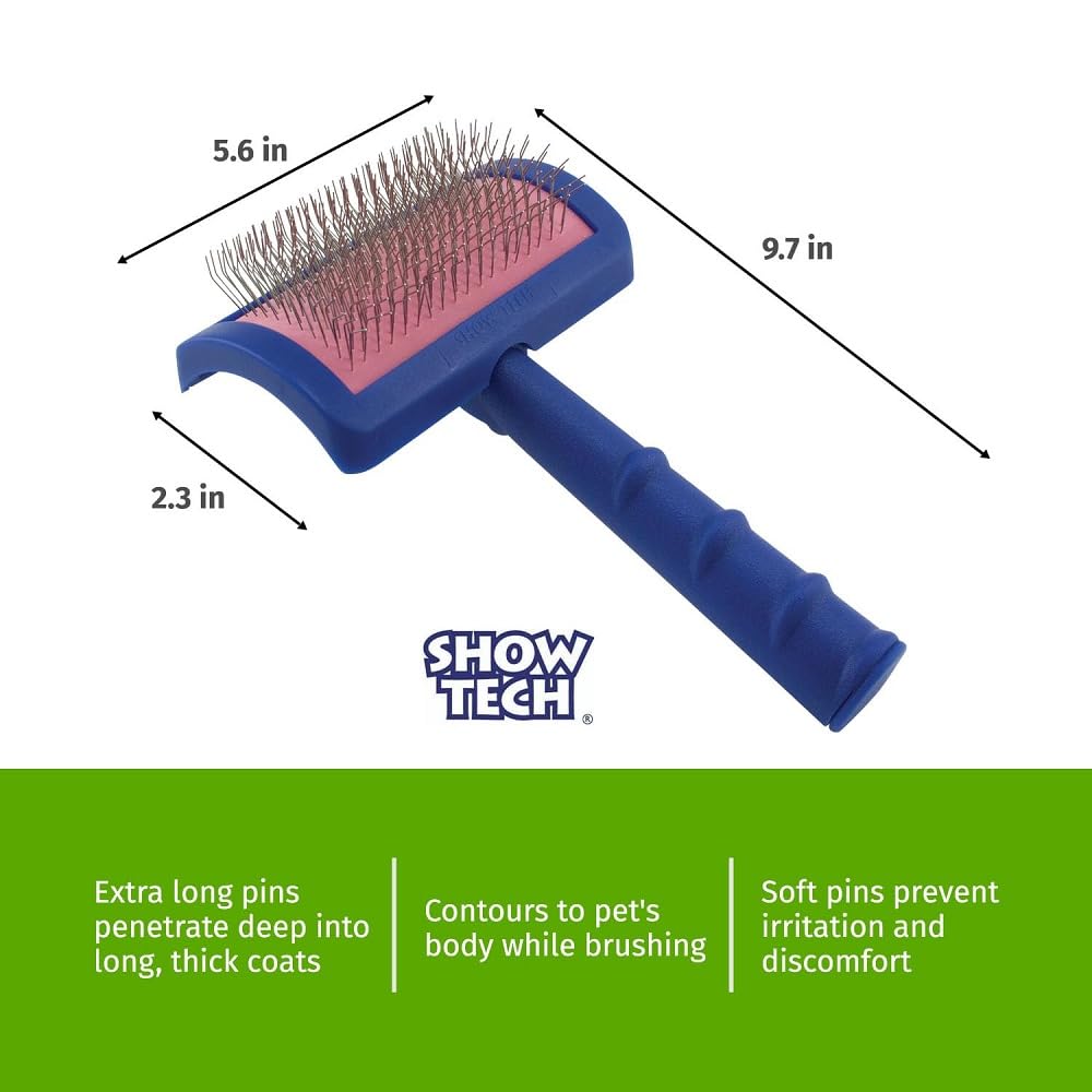 Show Tech Tuffer Than Tangles Slicker Brush for Dog Grooming with Long, Regular Pins, Medium Size, Perfect for Doodle Breeds, Angled Pins for Dematting, Remove Undercoat, Comfort Grip Handle
