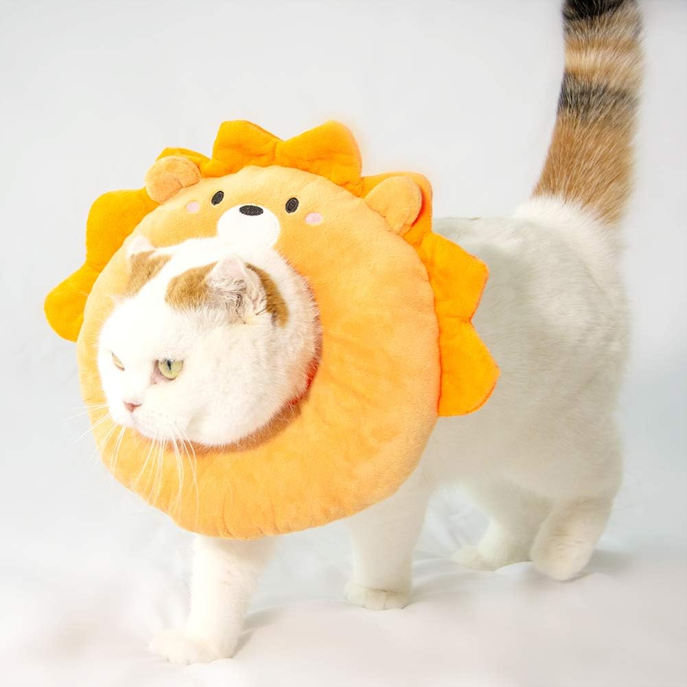 Adjustable Cat Recovery Collar Soft,Cute Pet E-Collar Neck Cone After Surgery Wound Healing Protective Cone Fit for Kitties, Small Dogs(ELC05-lion-m)