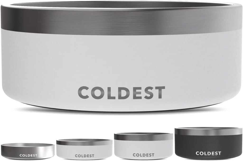 Coldest Dog Bowl - Anti Rust Metal, Non Slip, 3 Layers Insulated Stainless Steel Dog Bowls - Spill Proof & Heavy Duty - Water Bowl for Dogs, Cats & Pets, Dish Washer Safe (64 oz, Epic White) 