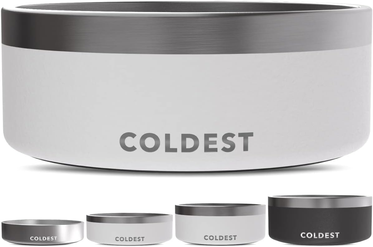 Coldest Dog Bowl - Anti Rust Metal, Non Slip, 3 Layers Insulated Stainless Steel Dog Bowls - Spill Proof & Heavy Duty - Water Bowl for Dogs, Cats & Pets, Dish Washer Safe (64 oz, Epic White) 