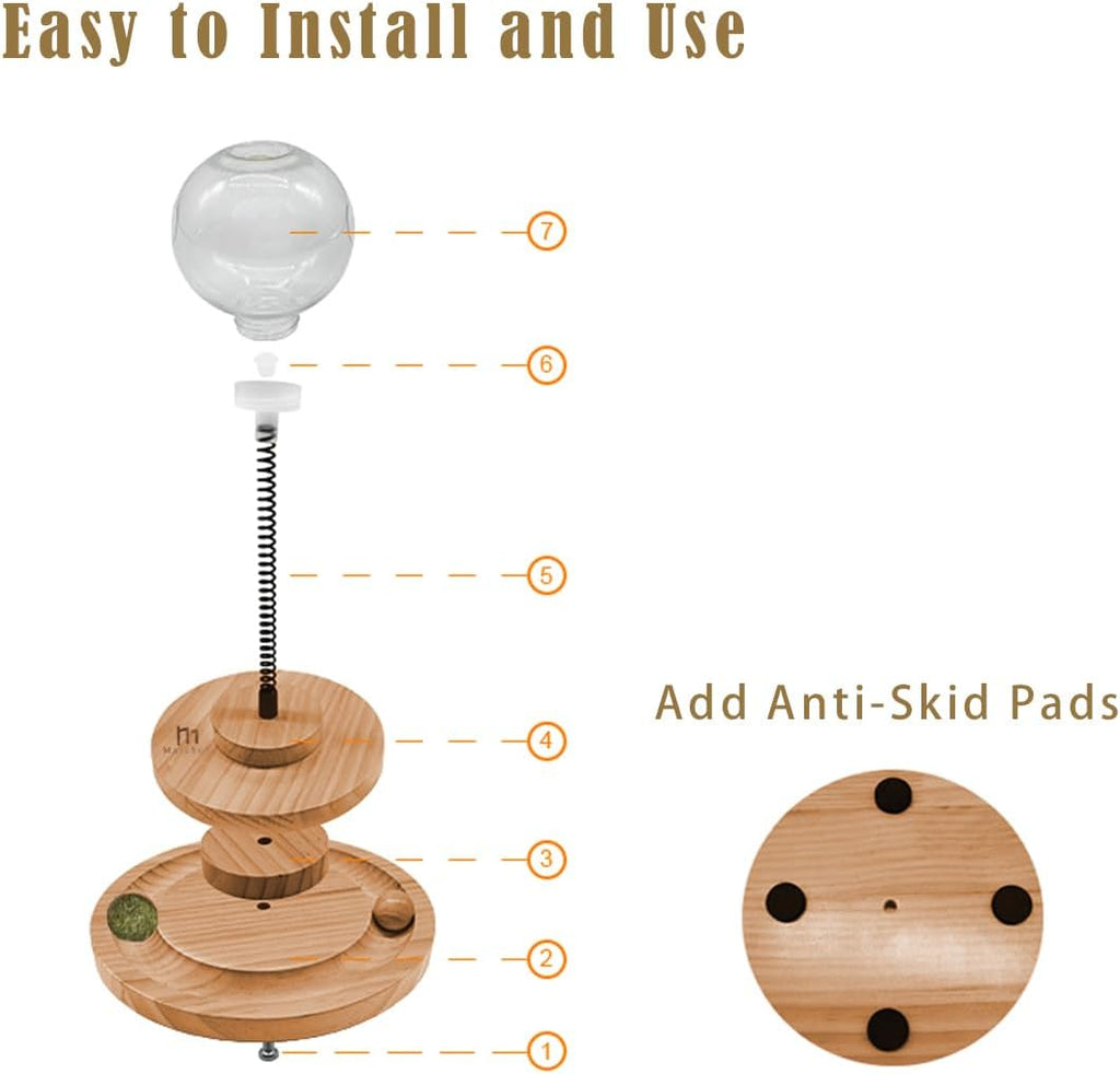 Marchul Cat Puzzle Feeder, Interactive Cat Toy with Treat Dispenser & Roller Track Ball, Wooden Slow Feeder Ball for Indoor Cats, 3-in-1 Food Puzzle Toy for Mental Stimulation