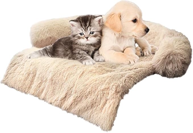 Calming Dogs/Cats Bed Mats, Dog Pad Washable Removable Couch Cover, Plush Long Fur Mat for Pets, Waterproof, Perfect for Small, Medium and Large Dogs and Cats (Beige, 34"x30"x5.0")