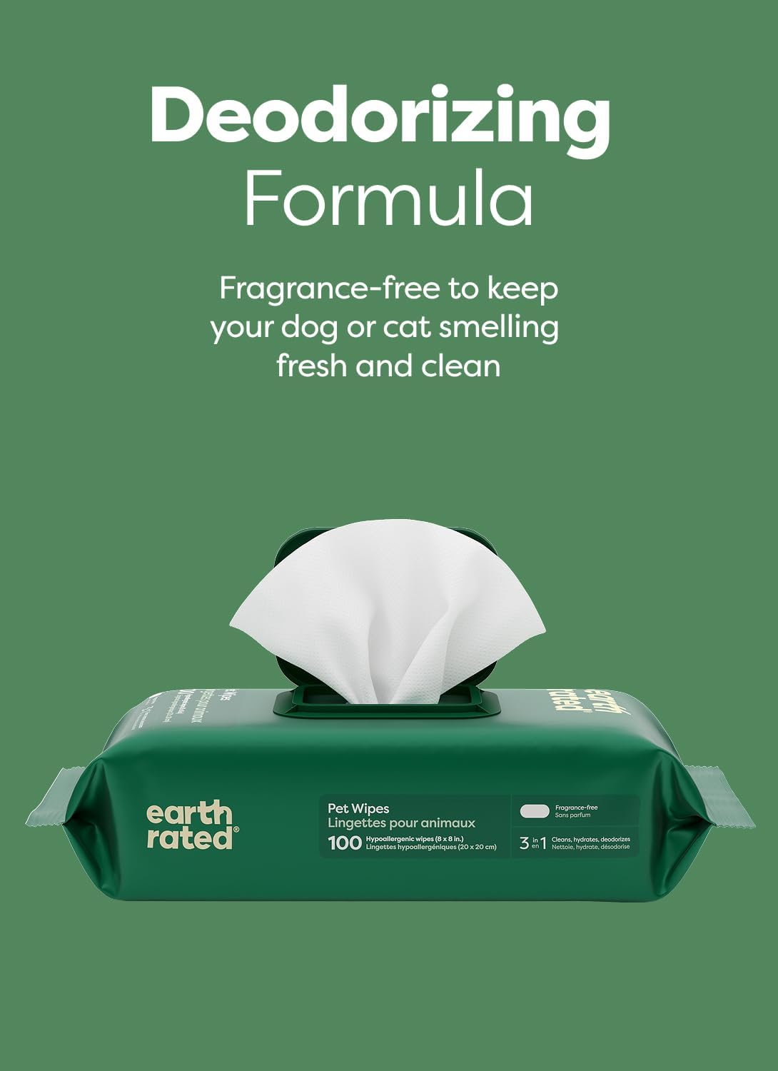 Earth Rated Dog Wipes for Paws & Butt, Deodorizing, Unscented, 100ct | Hypoallergenic, 3-in-1 Cleaning and Hydrating, for Grooming Paws, Body and Butt 