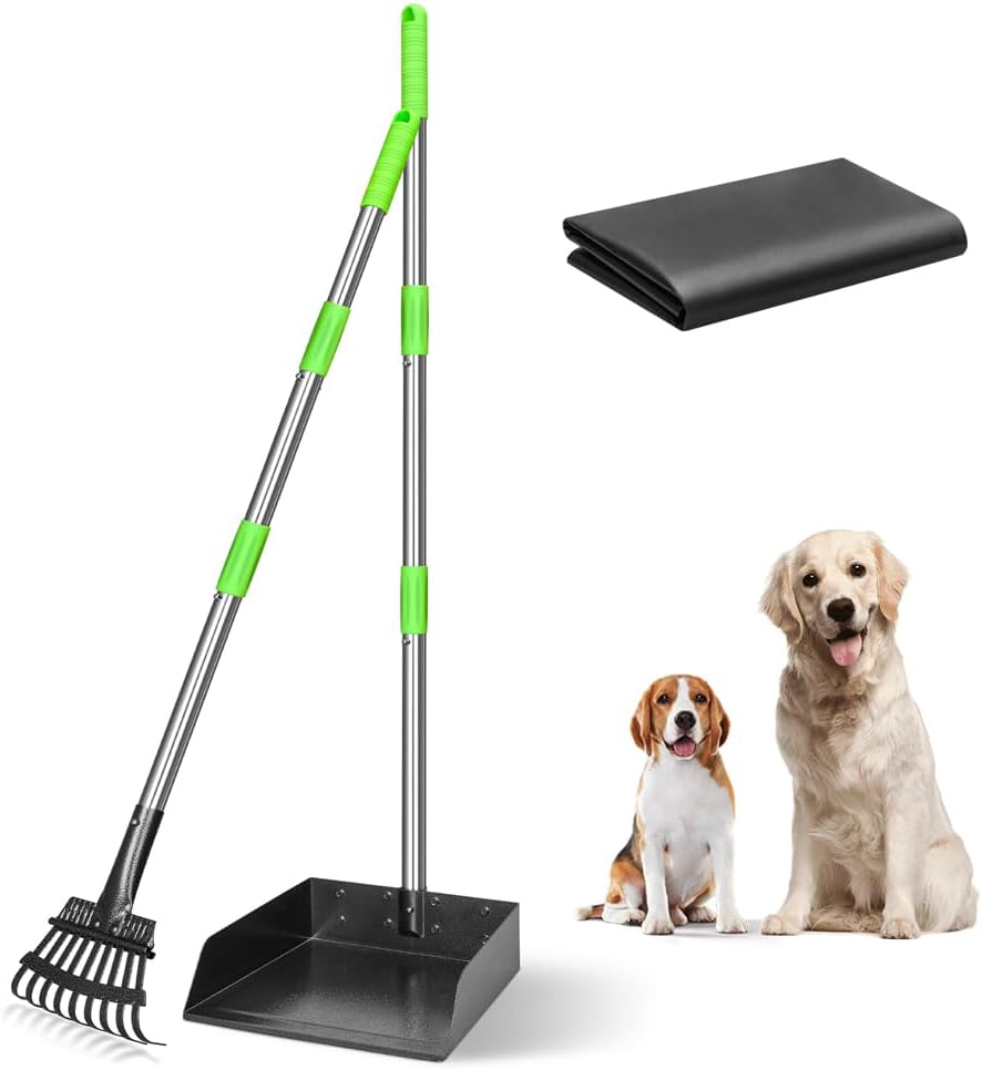 TOOGE Larger Dog Pooper Scooper for Large Dogs Long Handle Stainless Metal | Tray and Rake Set for Large Medium Small Dogs Heavy Duty (Green) (Extra Large)