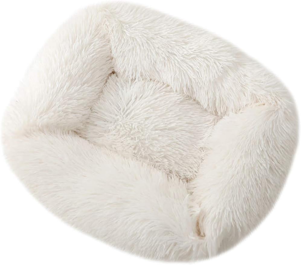 La La Pet® Donut Dog Cat Bed Cozy Cave Pet Bed Burrow Dog Bed Calming Cuddler Self-Warming Pet Bed Soft Plush Pet Cushion Improved Sleep for Cats Small Medium Dogs White L