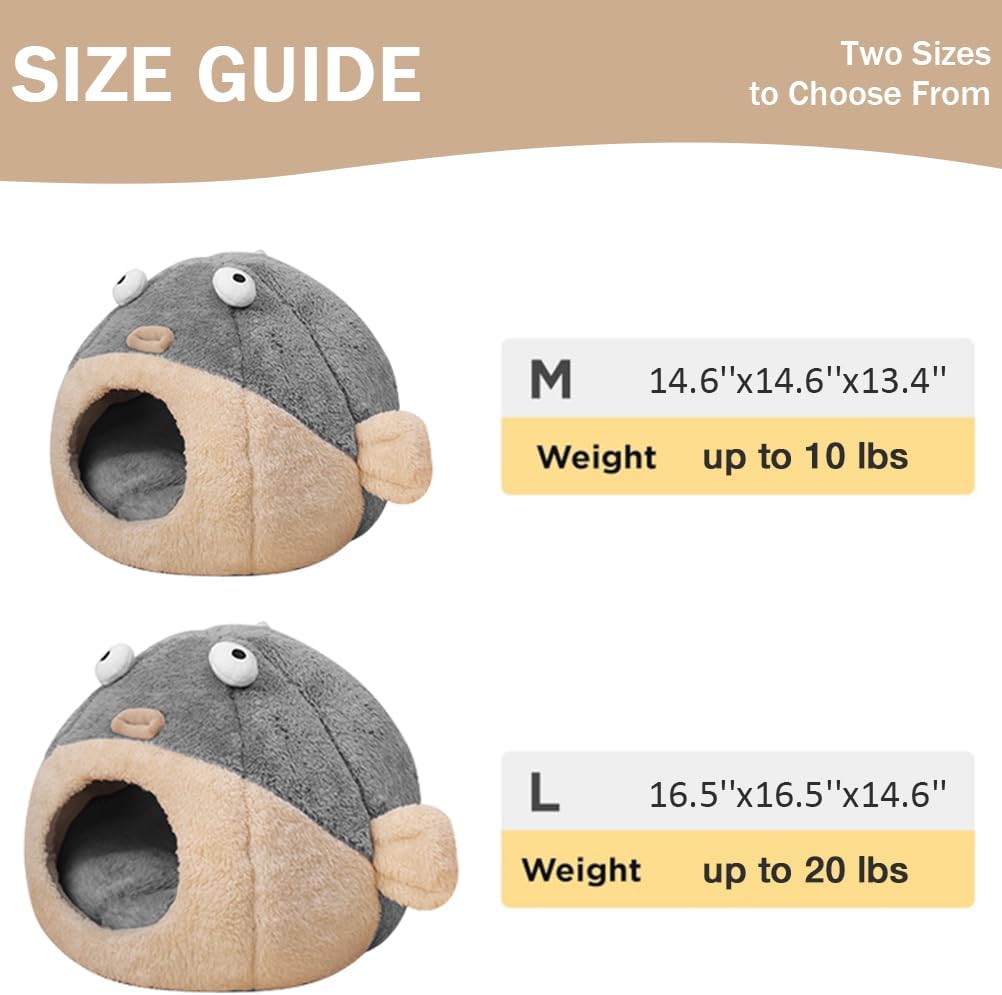 Cat Beds for Indoor Cats-Cat Bed Cave,Cute Lively Pufferfish shape,Grey M