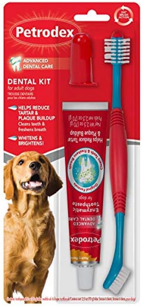 Petrodex Dog Dental Care Kit, Toothbrush & Toothpaste, Poultry | Complete oral care kit: toothpaste + toothbrush; reduces plaque & tartar; fights bad breath; poultry flavor, 2.5oz 