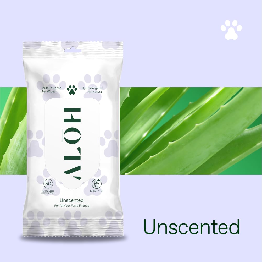 ALŌH Hypoallergenic Multi-Purpose Pet Wipes, All-Natural & Unscented | Grooming & Cleaning Wipes for Paws, Butt, Face & Body - Sensitive Skin Safe with Coconut & Avacado Oil - 3 x 50ct (150ct)