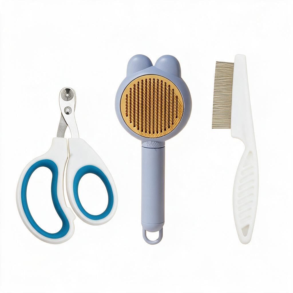 3PCS Cat & Dog Grooming Kit,Bath Brush,Nail Clipper,Flea Comb(Blue)
