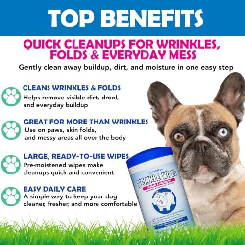 Squishface Wrinkle Wipes – 5”x7” Large Dog Wipes - Deodorizing, Tear Stain Remover – Great for English Bulldog, Pugs, Frenchie, Bulldogs, French Bulldogs & Any Breed! (80 Count) (Pack of 2)