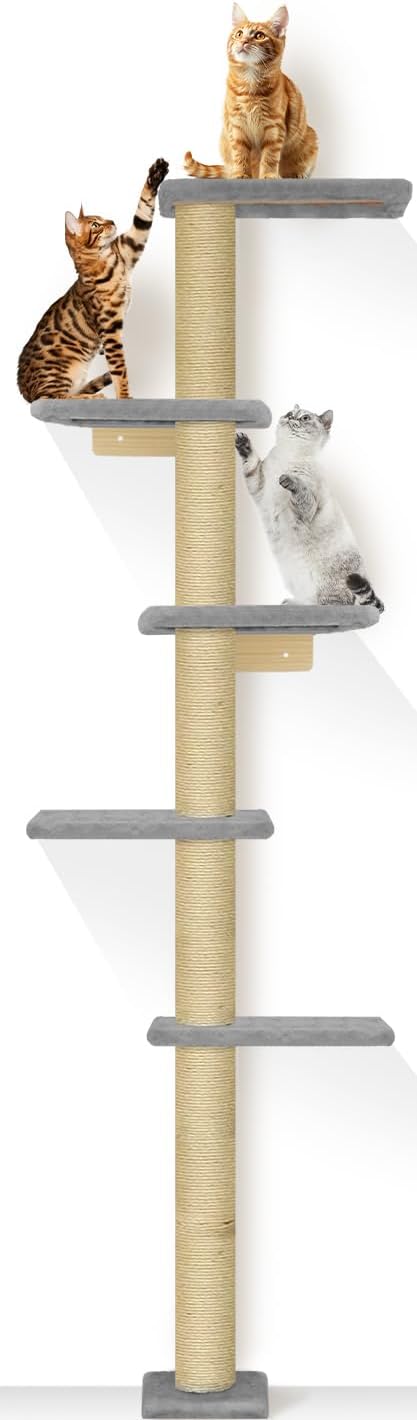 PAWSCRAT 5-Tier Wall-Mounted Cat Tree, 80-Inch Sisal Cat Post, Gray