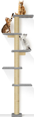 PAWSCRAT 5-Tier Wall-Mounted Cat Tree, 80-Inch Sisal Cat Post, Gray