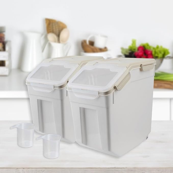 2 Pack Rice Storage Container with Measuring Cup 50 lb Flour Storage Container with Wheels, BPA Free Food Storage Container Dog Cat Food Bin Set for Dry Food Sugar, Cereal(Gray)