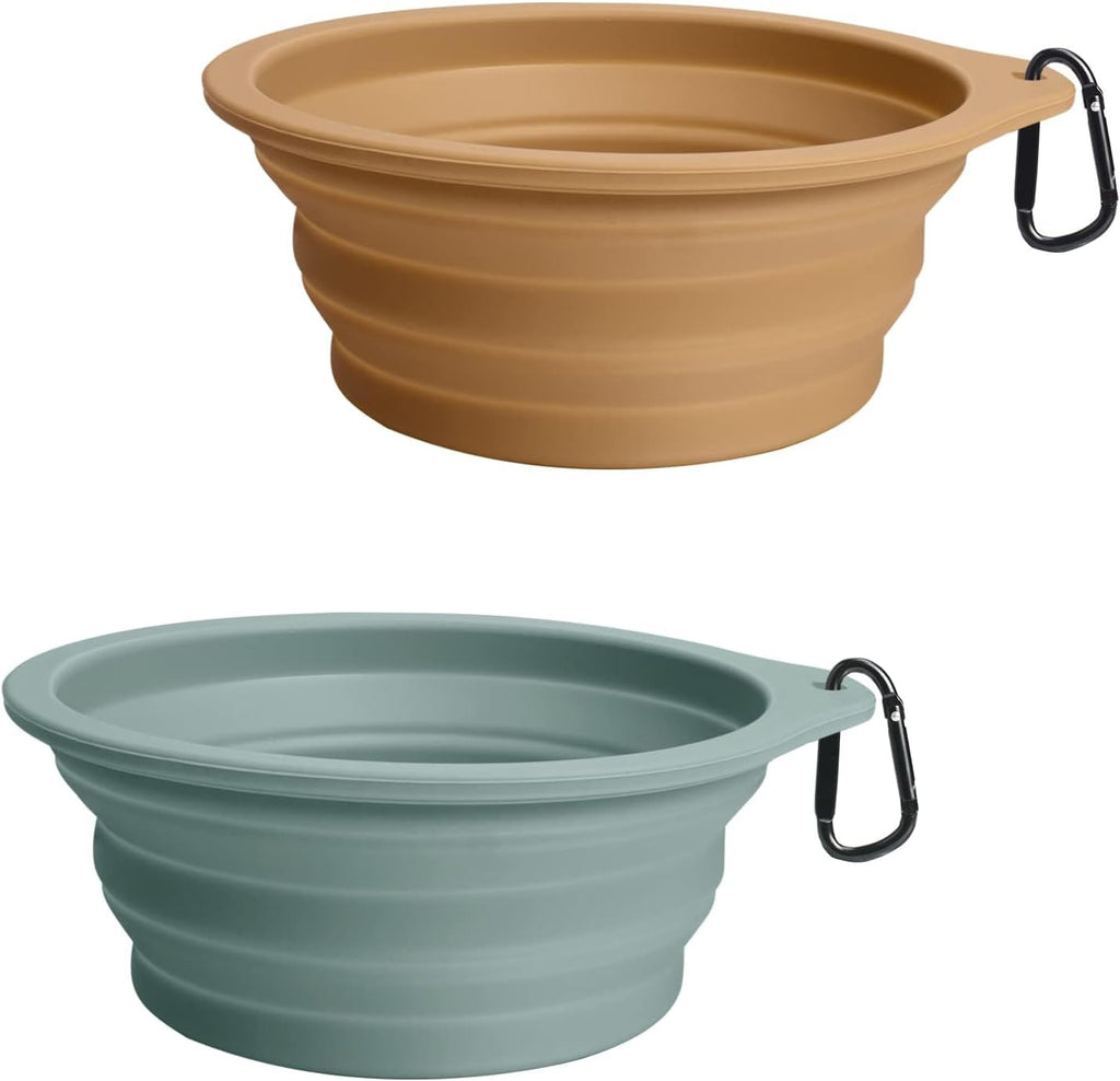 PetBonus 2-Pack Large Silicone Collapsible Dog Bowls, 34oz/1000ml BPA Free Portable Foldable Travel Bowl for Pet Cat, Food Water Feeding Dish for Camping with 2 Carabiners (Turquoise, Tan) | 34 Oz, Silicone, Foldable Expandable Cat Feeding Cup Dish, 2 ...
