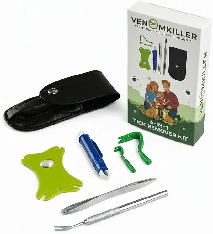 VENOMKILLER 6-in-1 Tick Remover Kit – Tick Removal Tool Set with Stainless Steel Tick Tweezers, Tick Card, Hooks & Leather Case – Tick Remover for Dogs, Cats & Humans